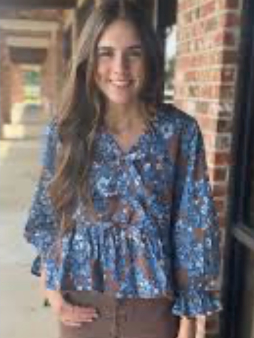 entro Brown Floral V-Neck Peplum Blouse with Blue Print - Picture 6 of 6
